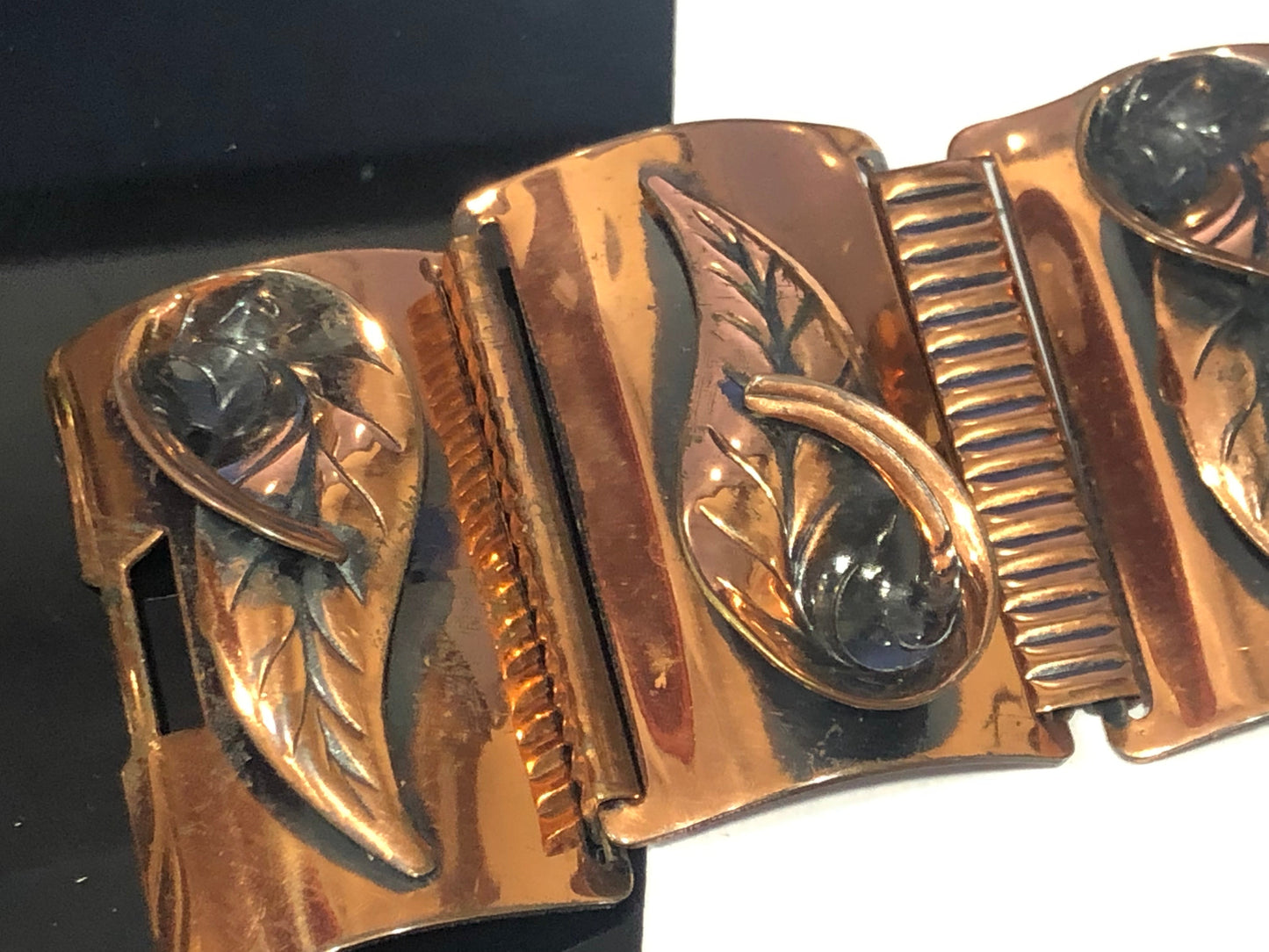 Vintage 2" COPPER wide link bracelet modernist leaf motive