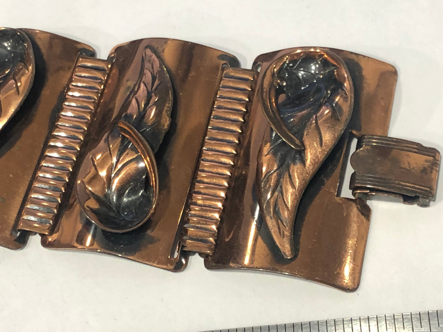 Vintage 2" COPPER wide link bracelet modernist leaf motive
