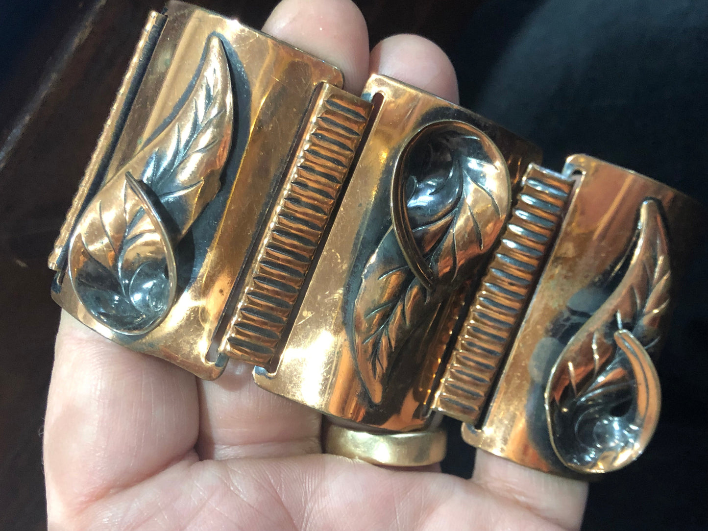 Vintage 2" COPPER wide link bracelet modernist leaf motive