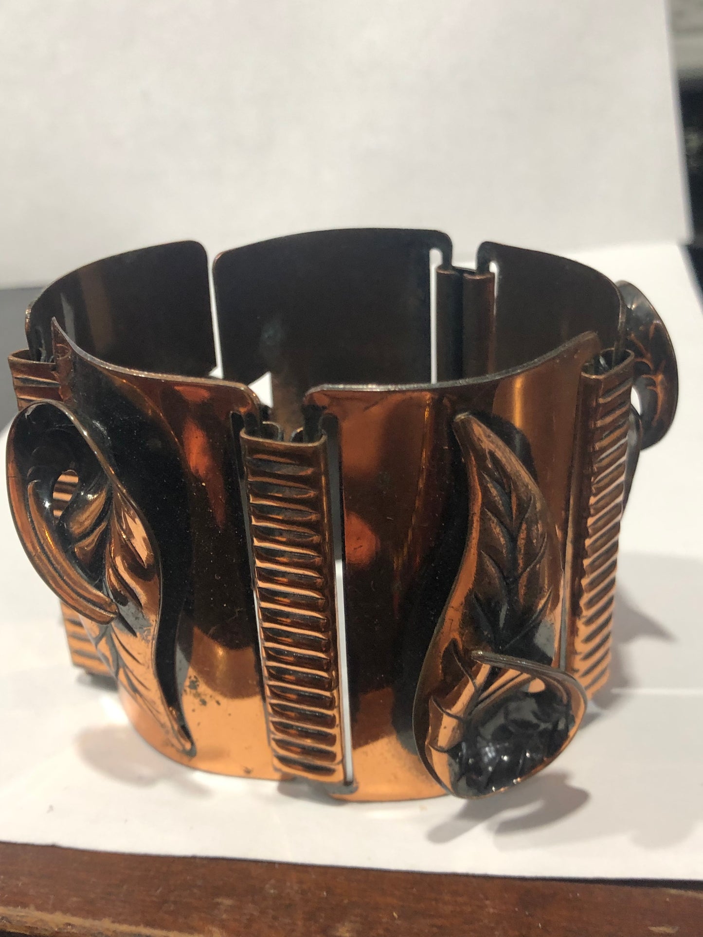 Vintage 2" COPPER wide link bracelet modernist leaf motive