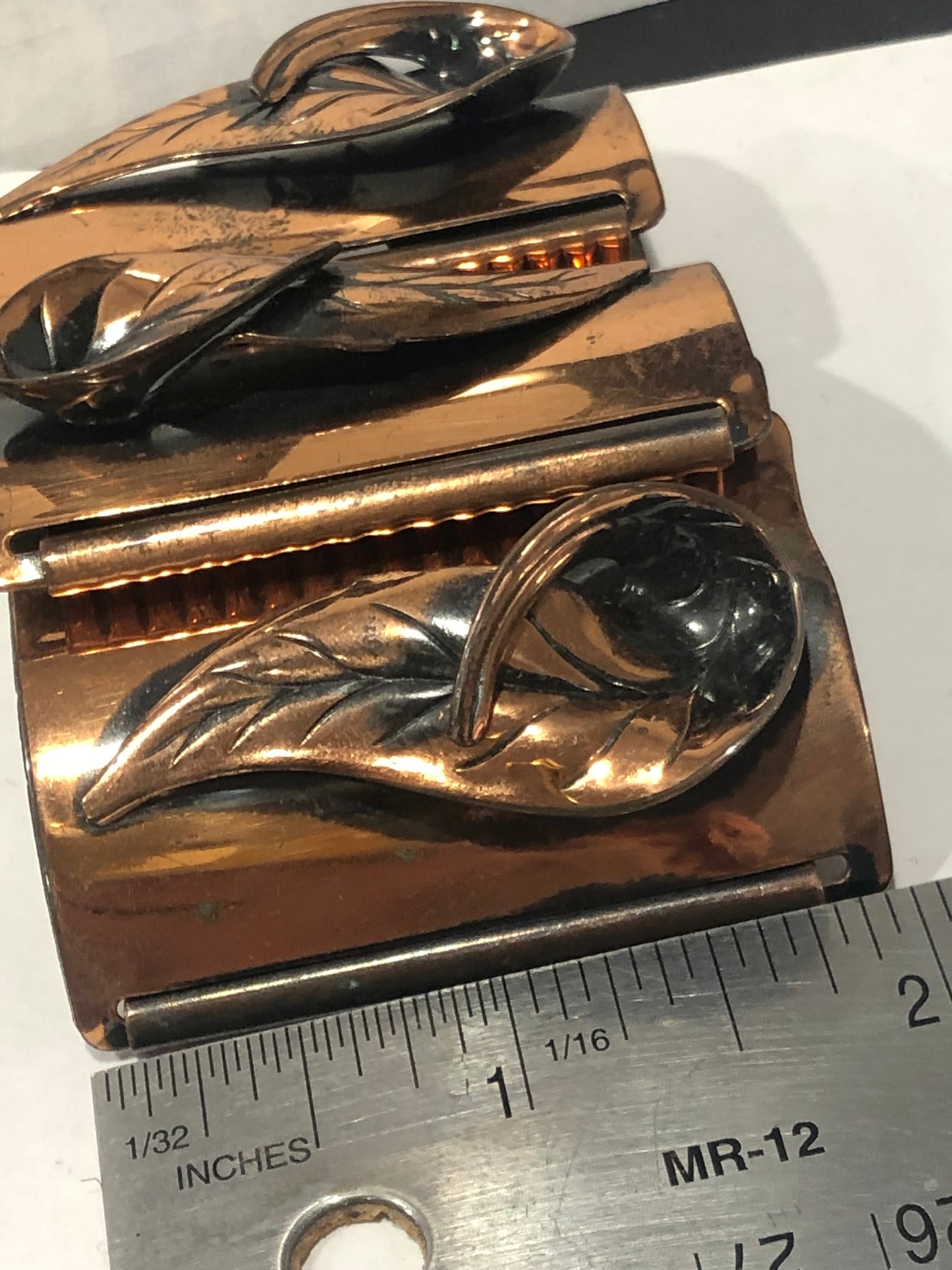 Vintage 2" COPPER wide link bracelet modernist leaf motive