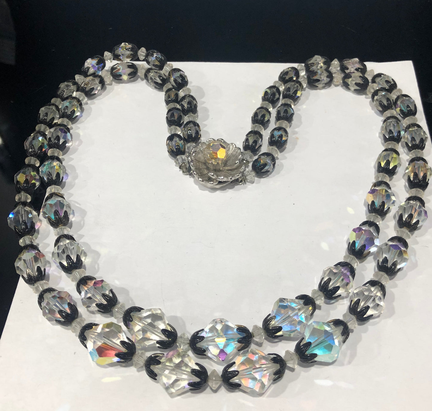 Vintage 2 strand crystal glass bead necklace black cups