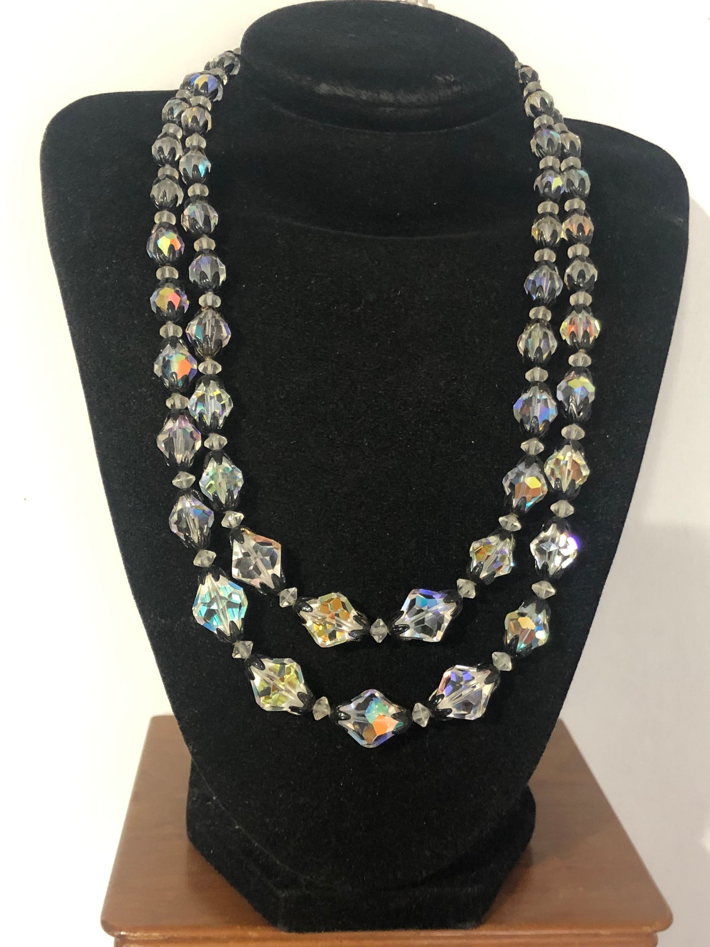 Vintage 2 strand crystal glass bead necklace black cups