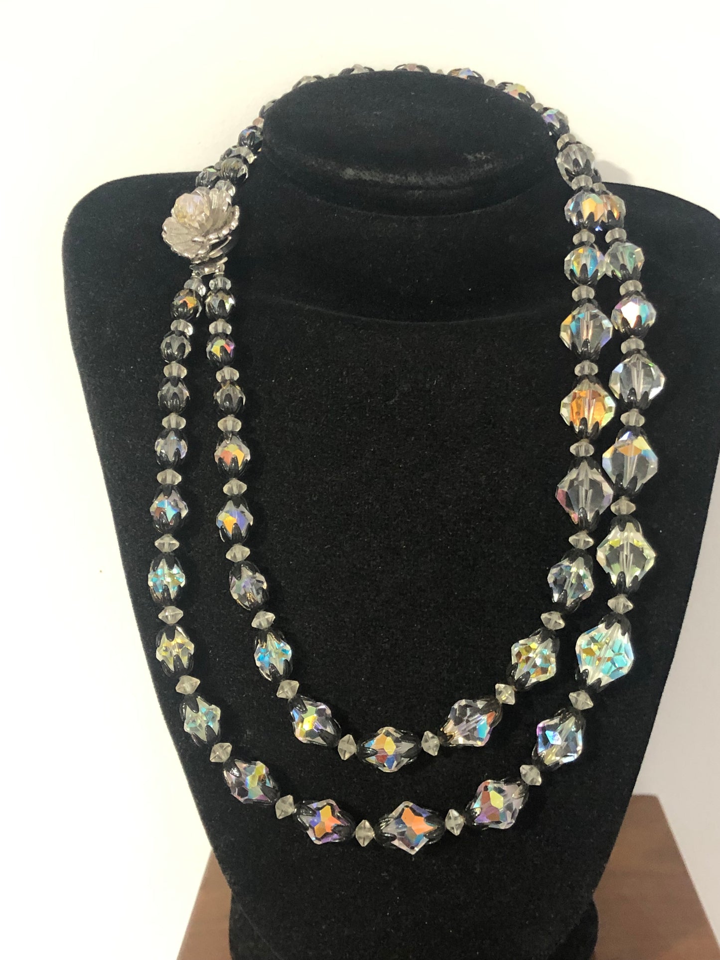 Vintage 2 strand crystal glass bead necklace black cups
