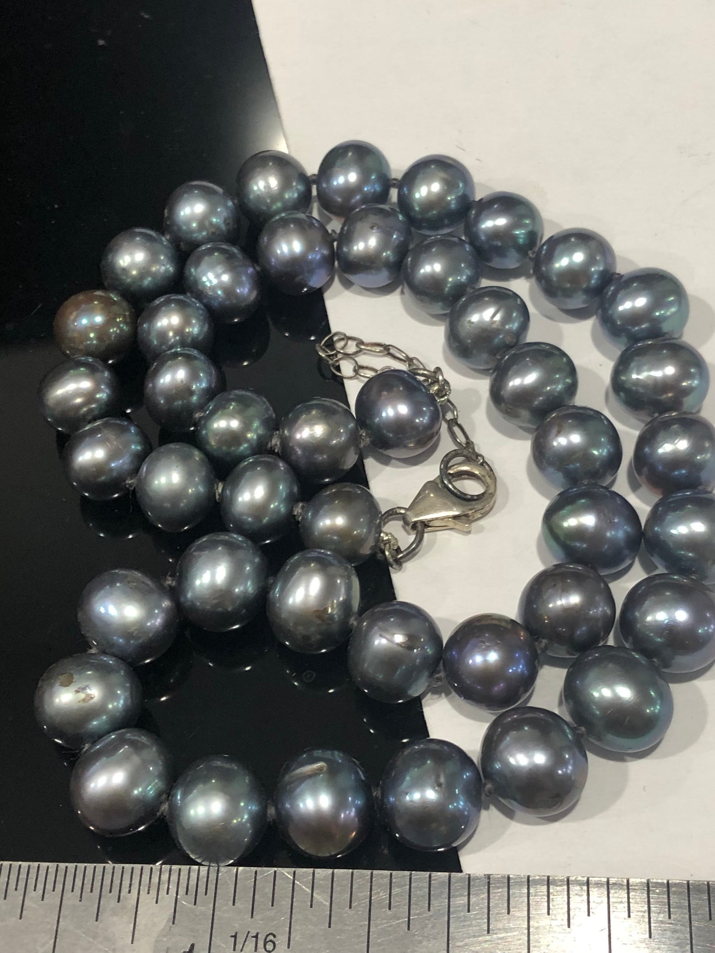 Vintage black freshwater pearl bead necklace, sterling silver clasp