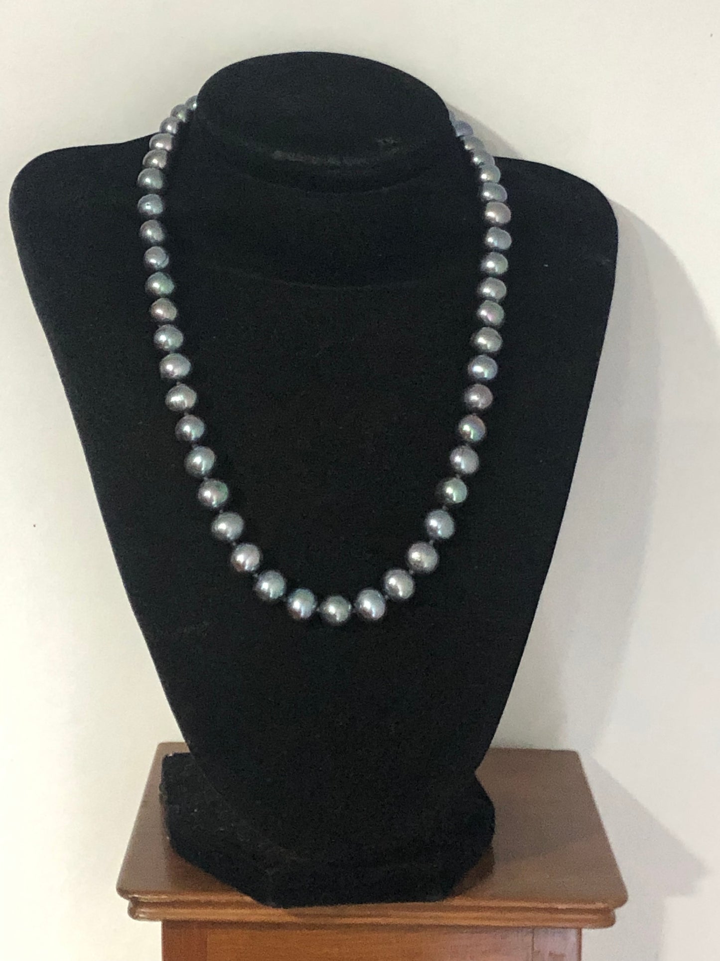 Vintage black freshwater pearl bead necklace, sterling silver clasp