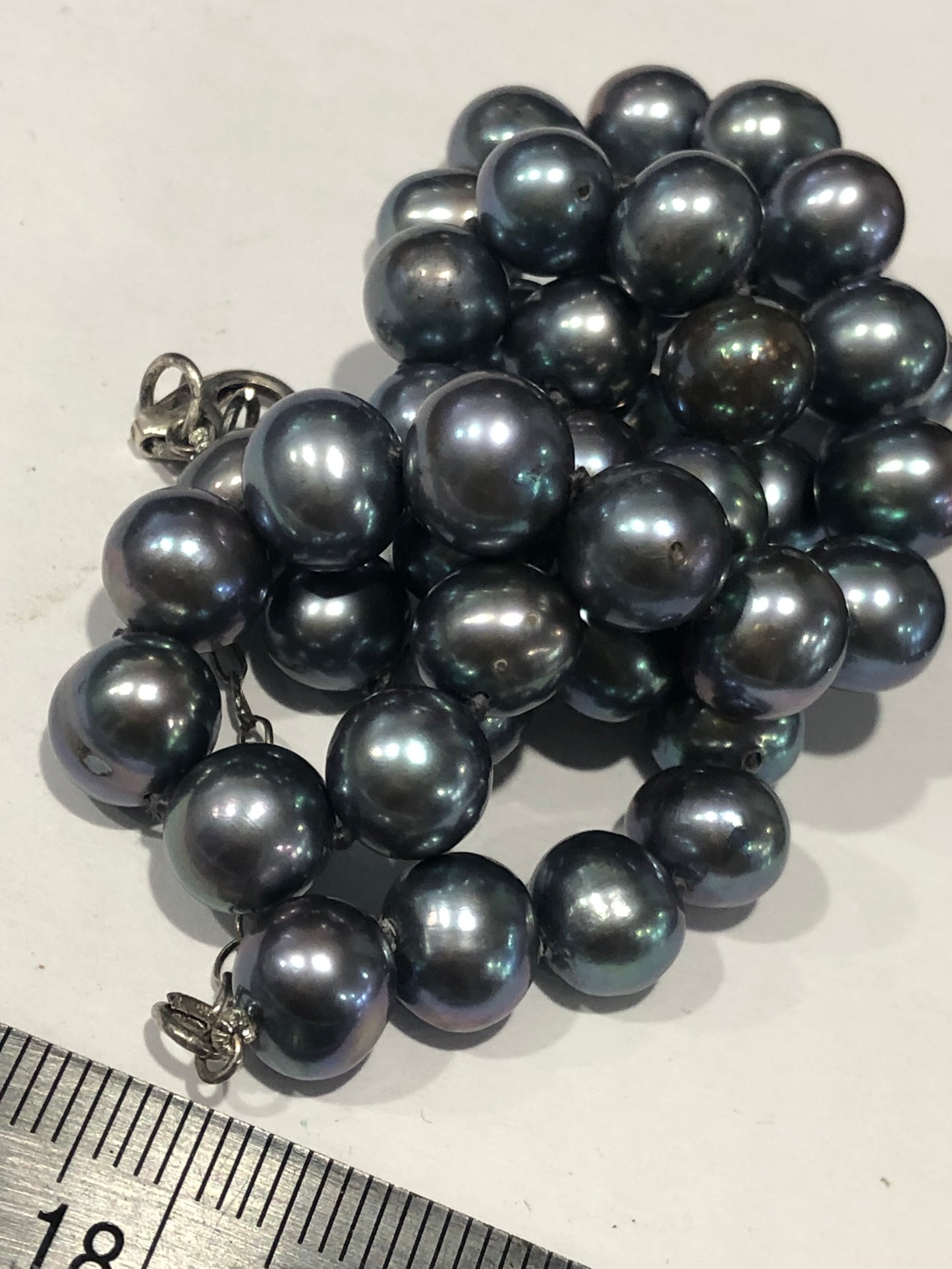 Vintage black freshwater pearl bead necklace, sterling silver clasp