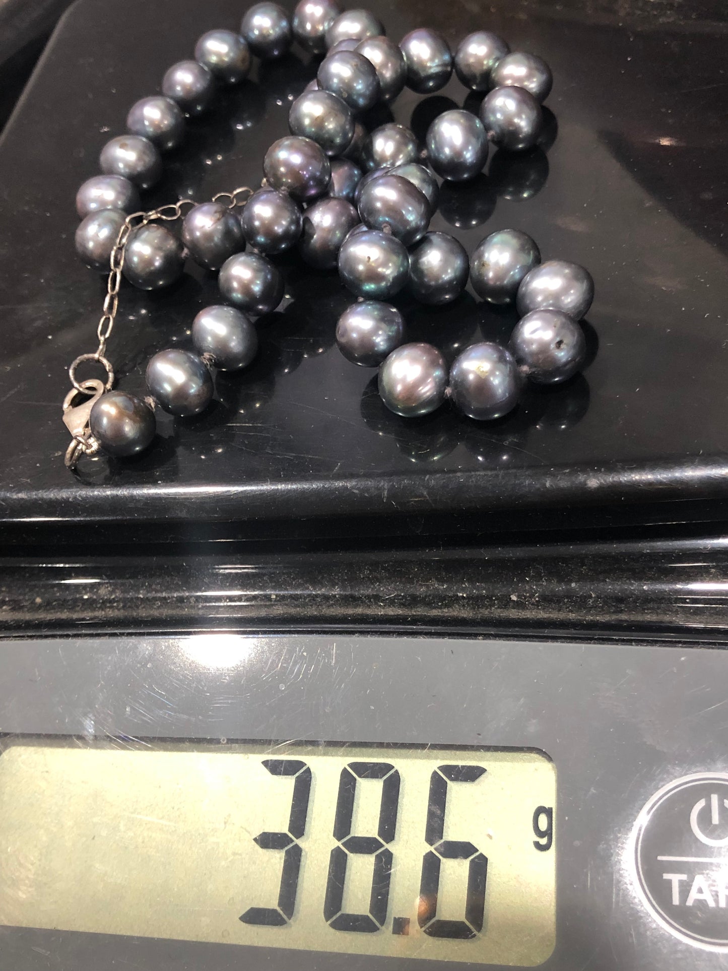 Vintage black freshwater pearl bead necklace, sterling silver clasp