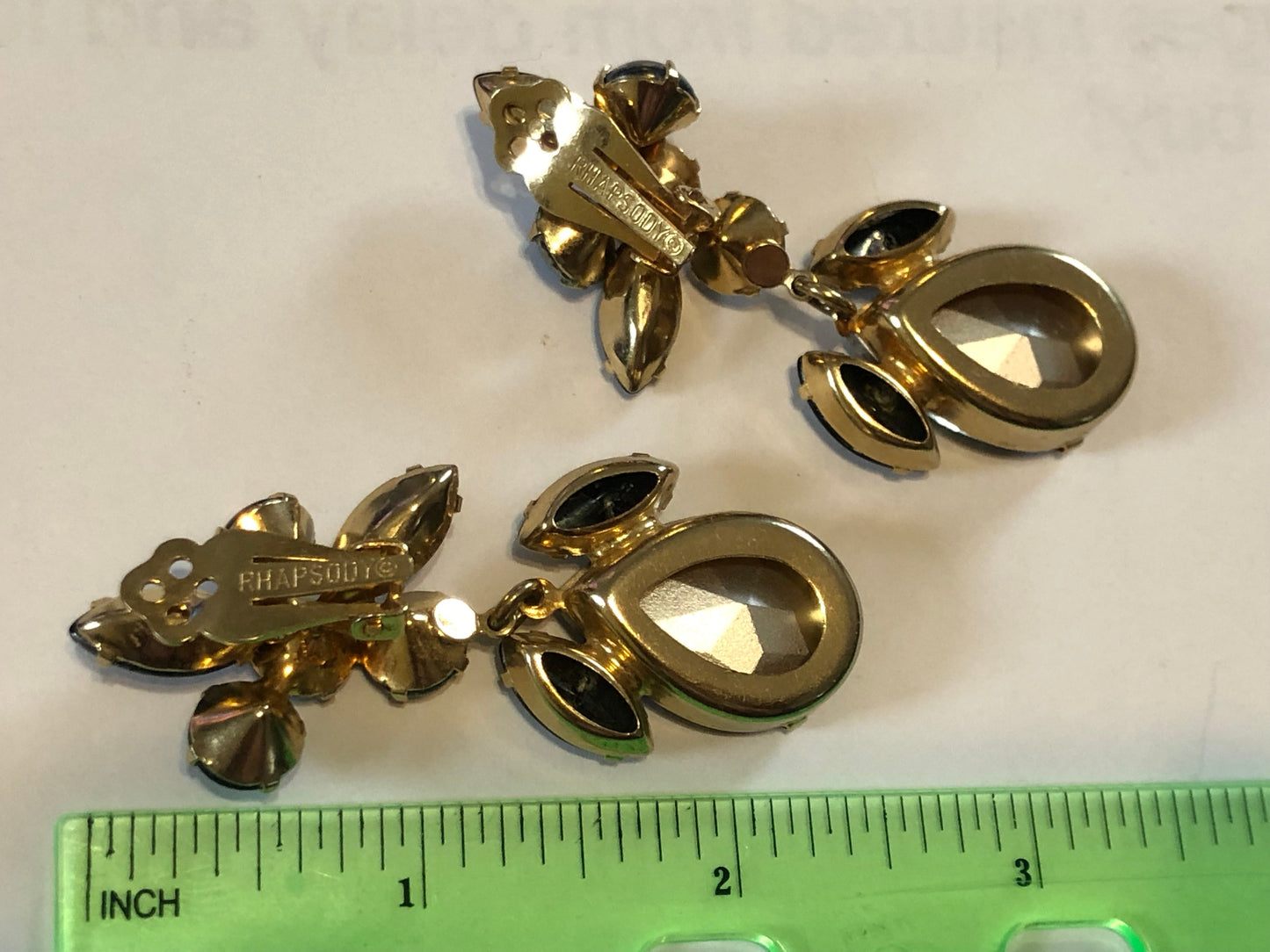Vintage SHAPSODY watermelon rhinestone clip on earrings gold tone