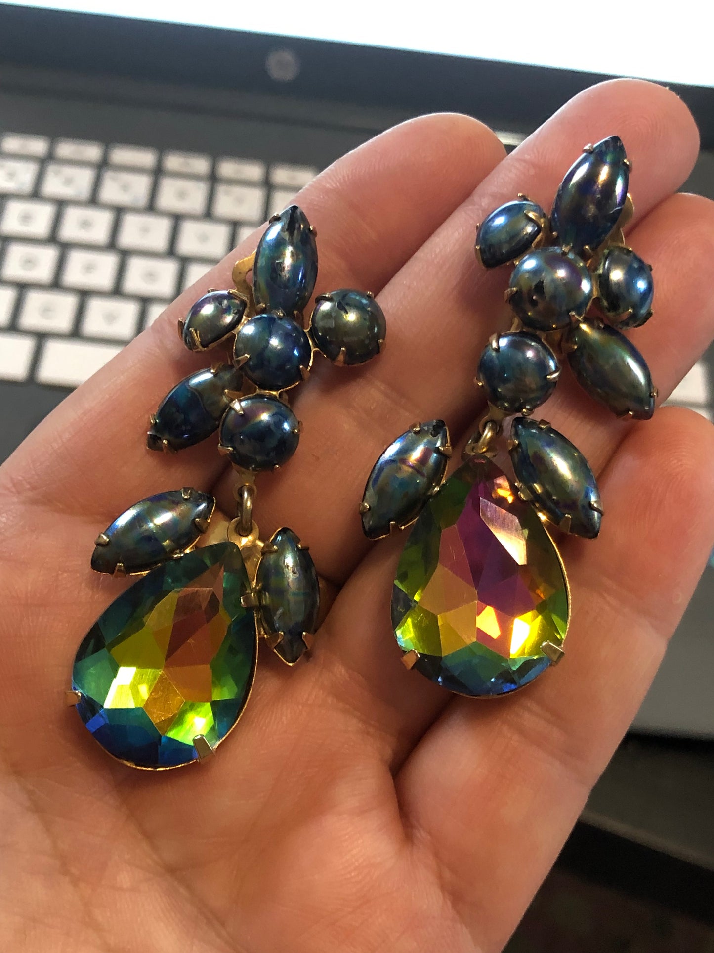 Vintage SHAPSODY watermelon rhinestone clip on earrings gold tone