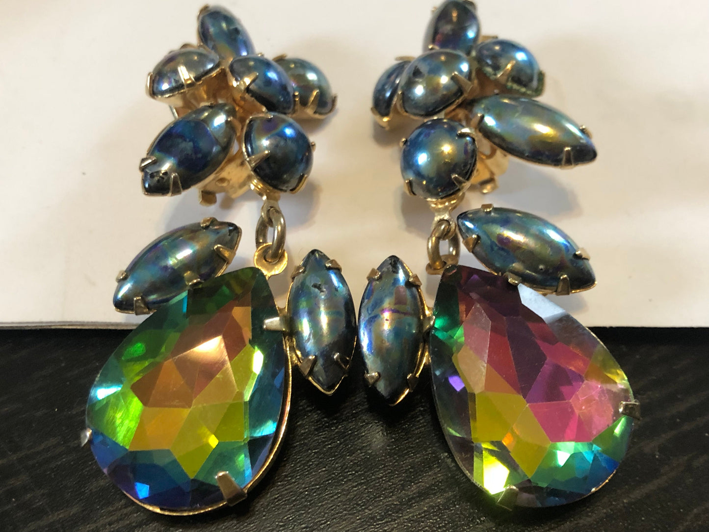 Vintage SHAPSODY watermelon rhinestone clip on earrings gold tone