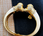 Bichon Frise Puddle Dog charm double head Cuff Bracelet crystal RH gold tone