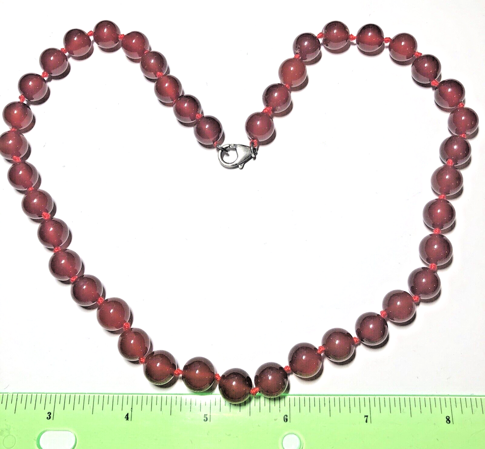 VTG carnelian knotted necklace sterling silver clasp 10mm bead 21”