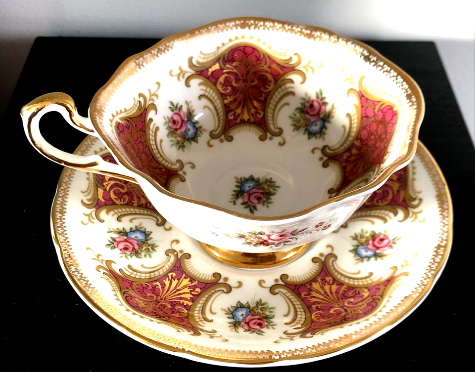 PARAGON burgundy square Teacup Saucer China set Appointment To Her Majesty