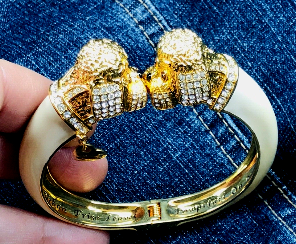 Bichon Frise Puddle Dog charm double head Cuff Bracelet crystal RH gold tone