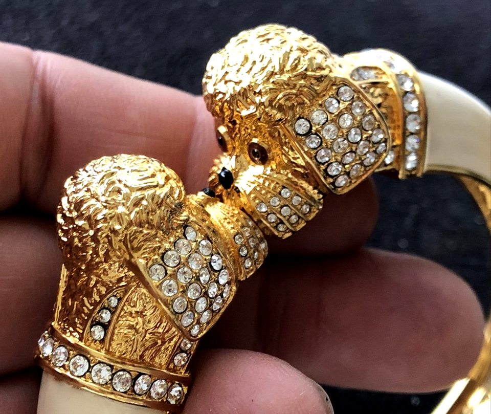 Bichon Frise Puddle Dog charm double head Cuff Bracelet crystal RH gold tone