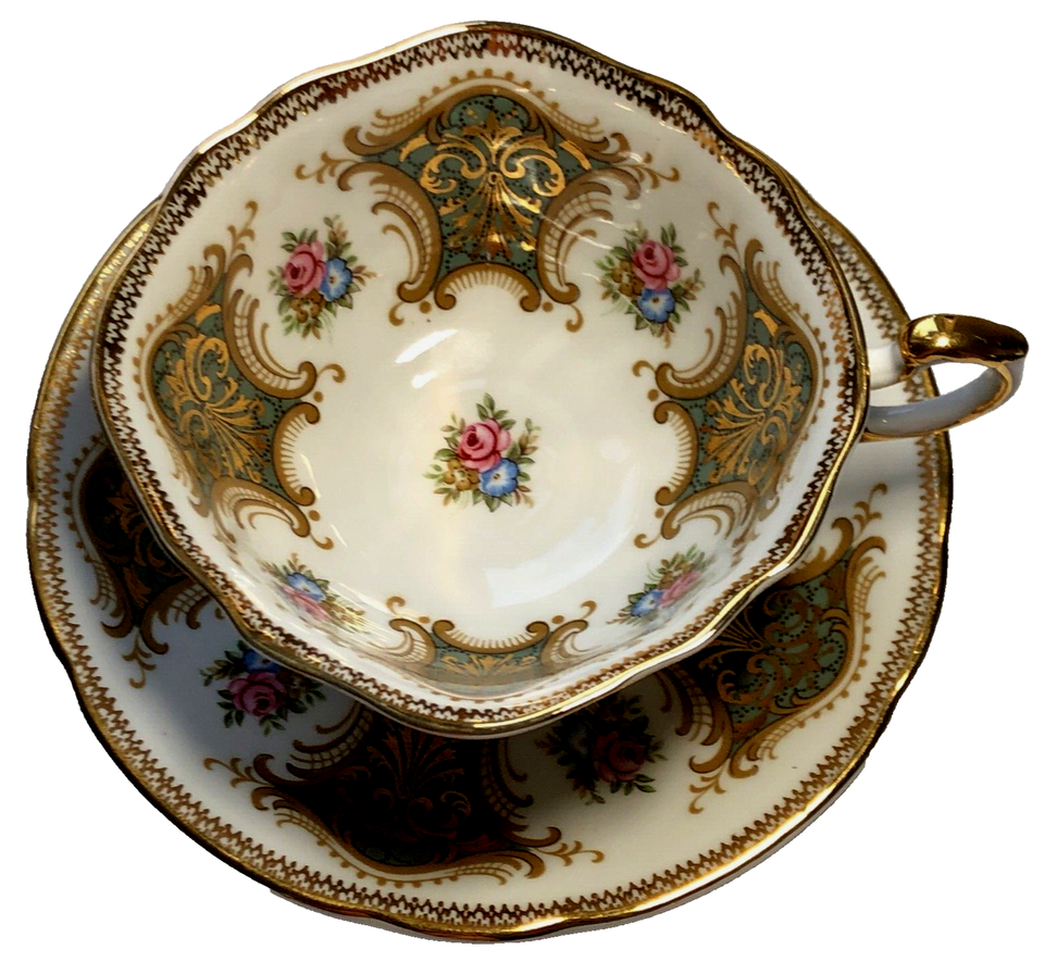 Paragon square share green gold flowers Cup Saucer fine bone China