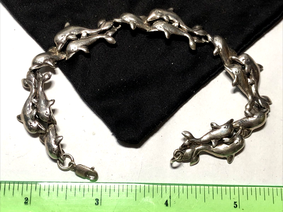 Vintage triple Dolphin sterling sterling 925 link bracelet 8" long