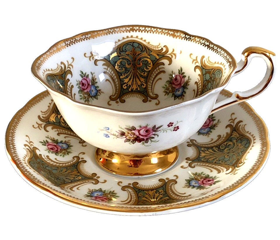 Paragon square share green gold flowers Cup Saucer fine bone China