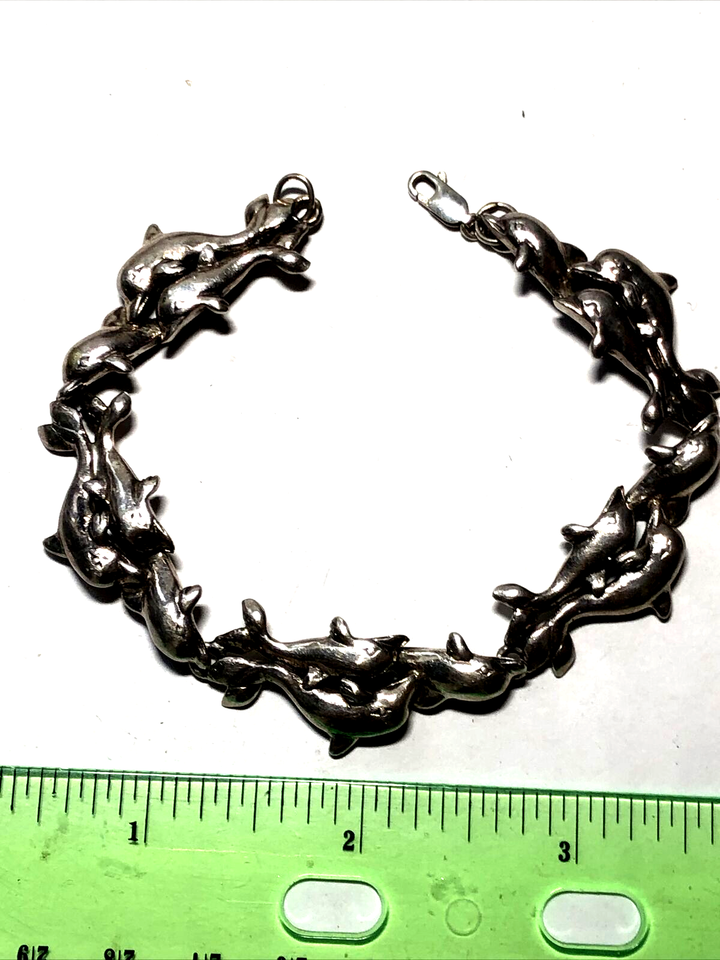 Vintage triple Dolphin sterling sterling 925 link bracelet 8" long