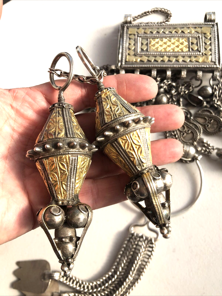 Antique Middle East Bedouin Omani Silver Tribal Amulet Necklace Earrings 533 gr.