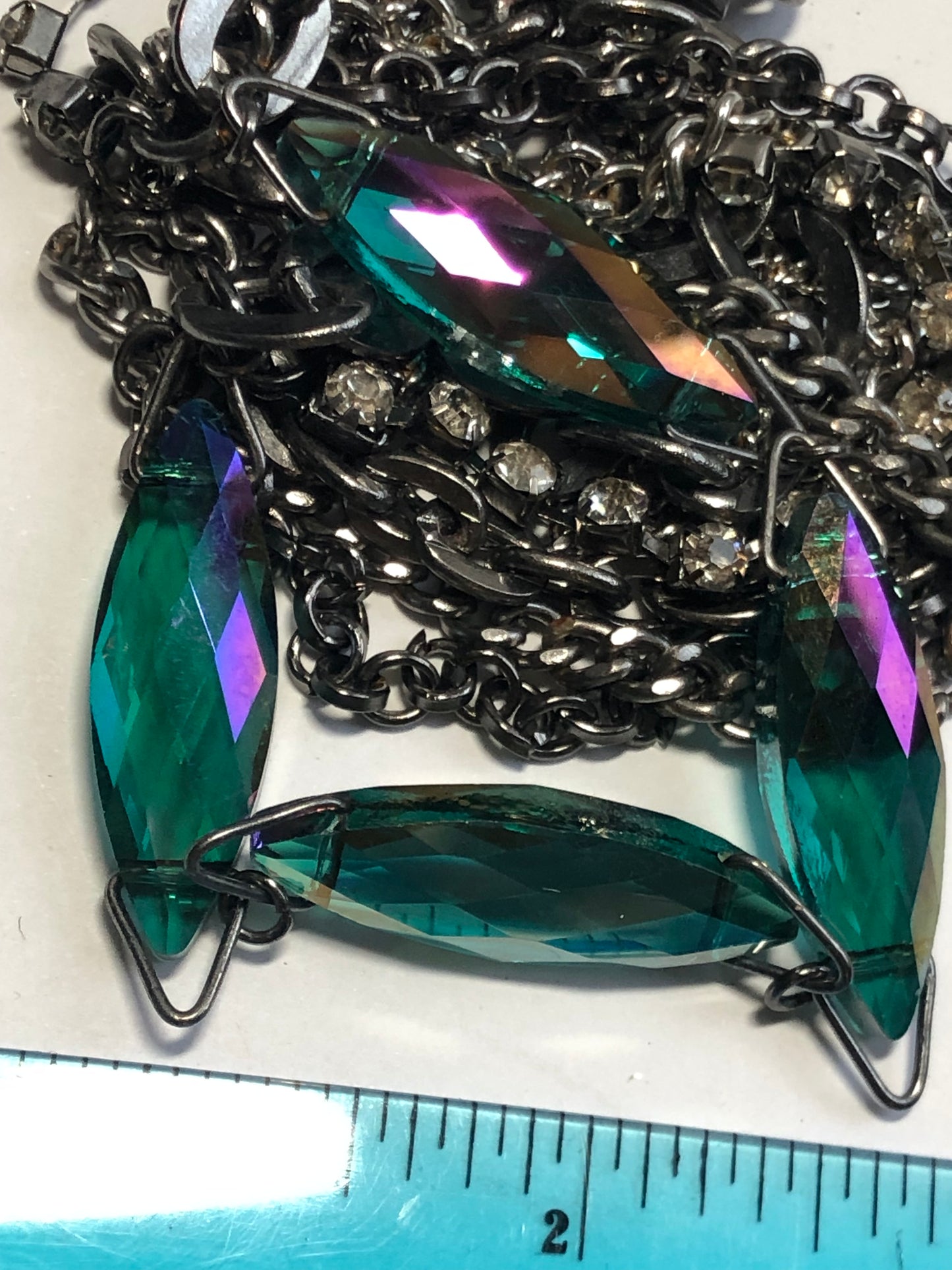 Modern AB Green Crystal glass multi strand chain bracelet black metal
