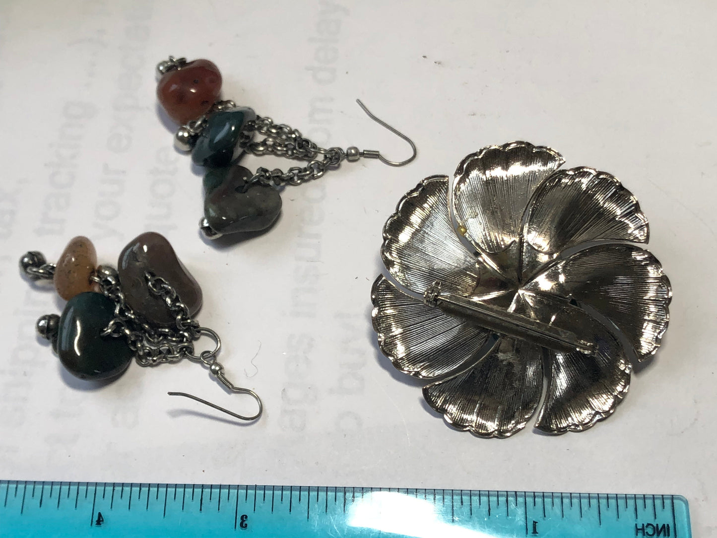 Vintage Agete gemstone Flower brooch, dangle Earrings lot silver tone