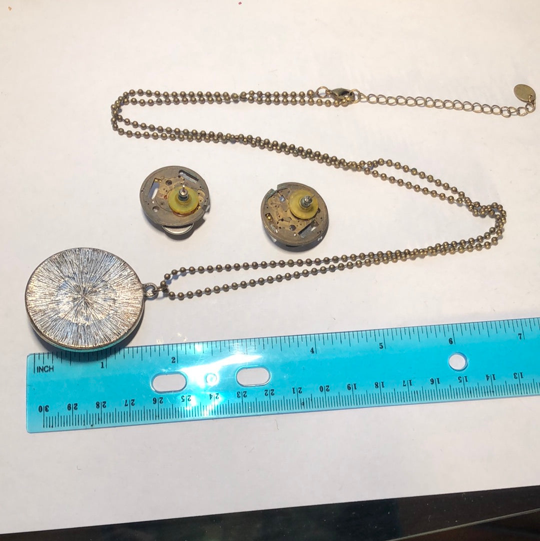Handmade Clockwork Steampunk pendant necklace earrings set bronze tone