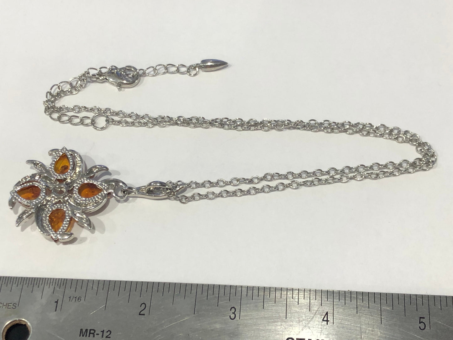 Amber flower pendant necklace silver tone