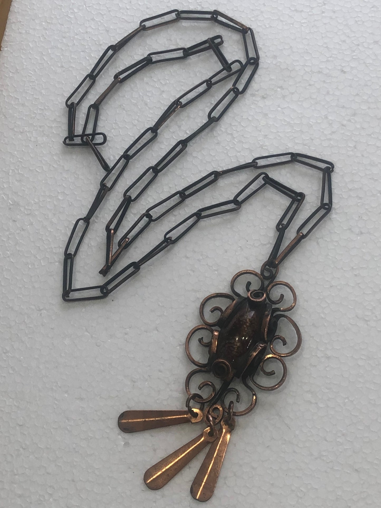 Vintage solid copper pendant necklace brown art glass