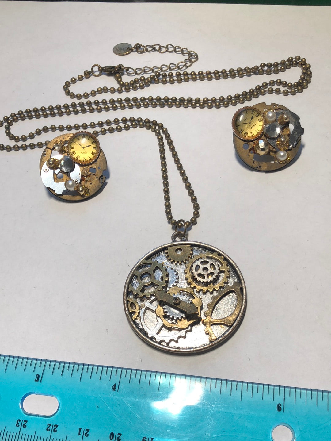 Handmade Clockwork Steampunk pendant necklace earrings set bronze tone