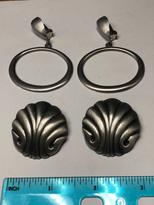 Vintage pewter large clip on Earrings lot shell and hoop