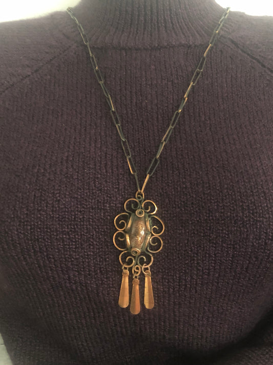 Vintage solid copper pendant necklace brown art glass