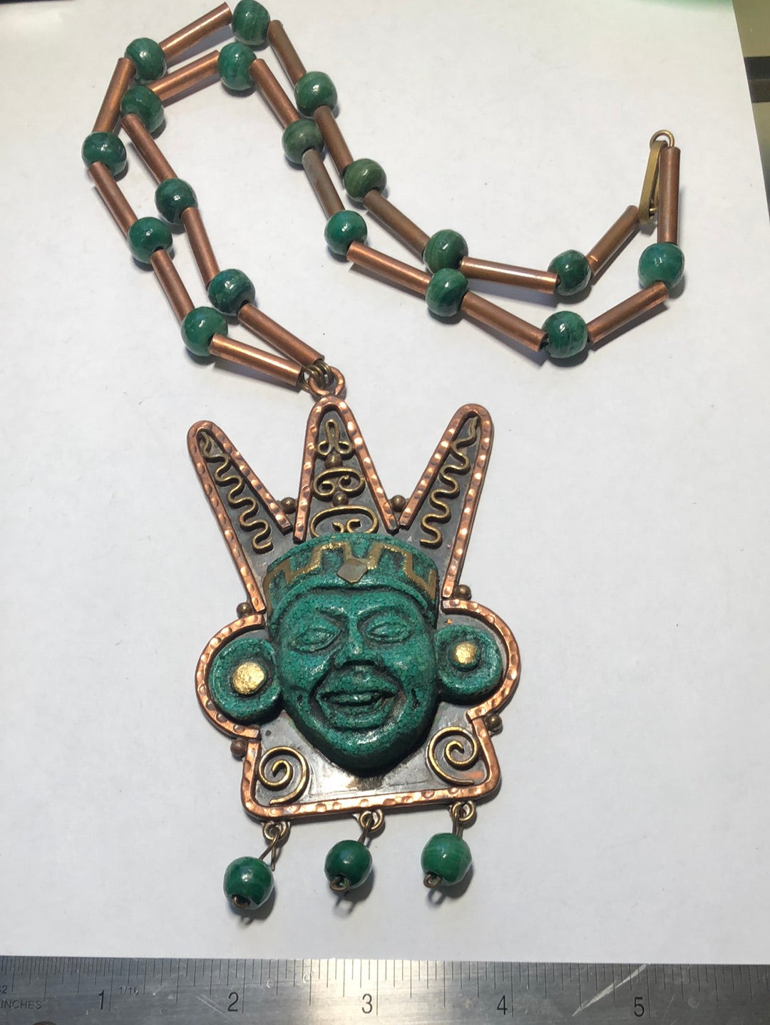 Vintage Mexico Copper Green Aztec Mask Face Necklace Large Pendant