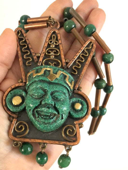 Vintage Mexico Copper Green Aztec Mask Face Necklace Large Pendant