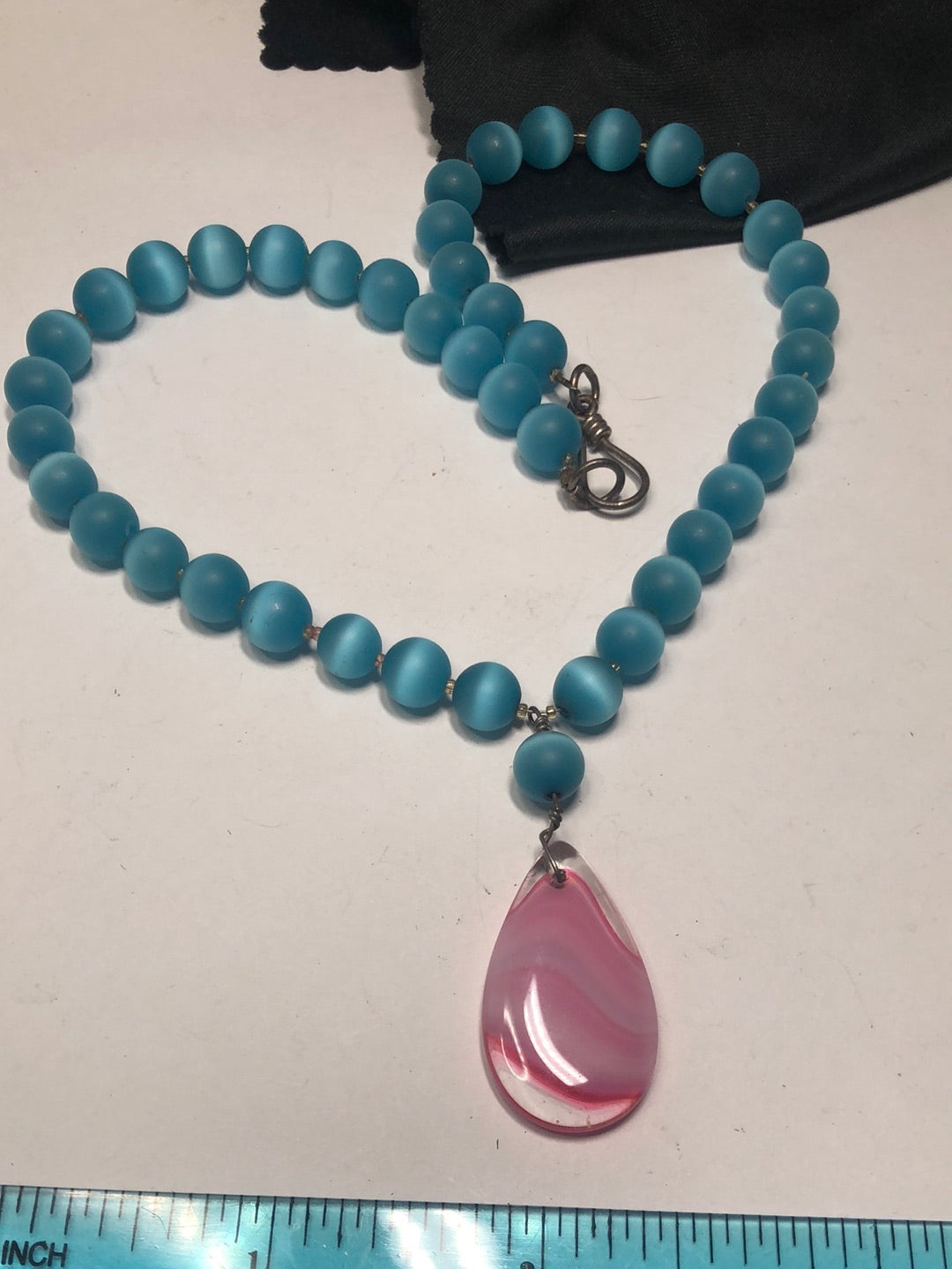 Blue cat eye bead pink Art glass pendant necklace sterling silver