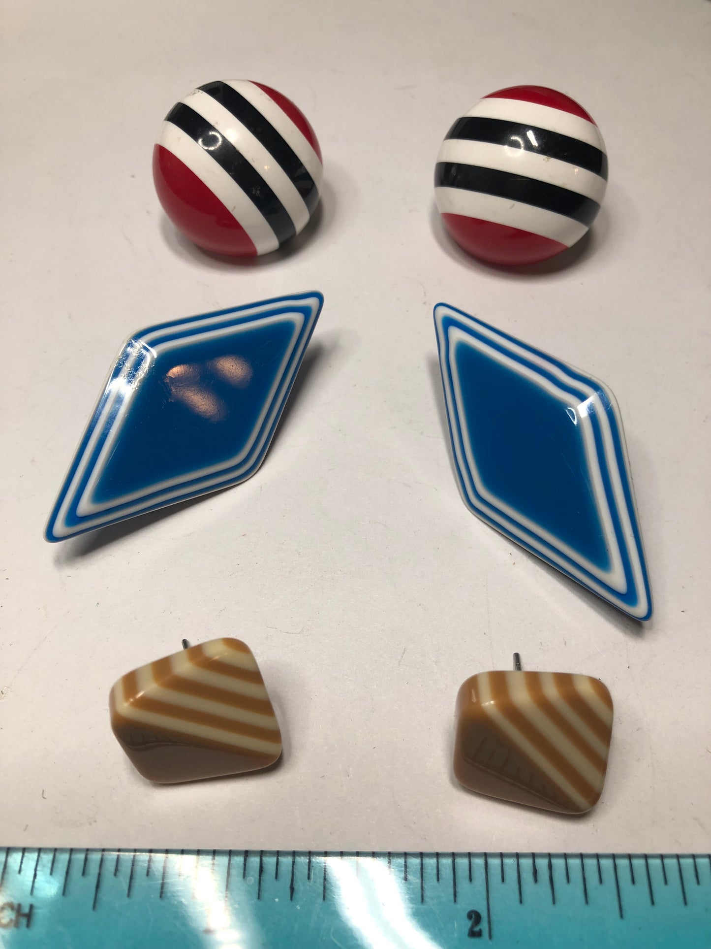 Vintage striped plastic Earrings lot red beige stud, clip blue