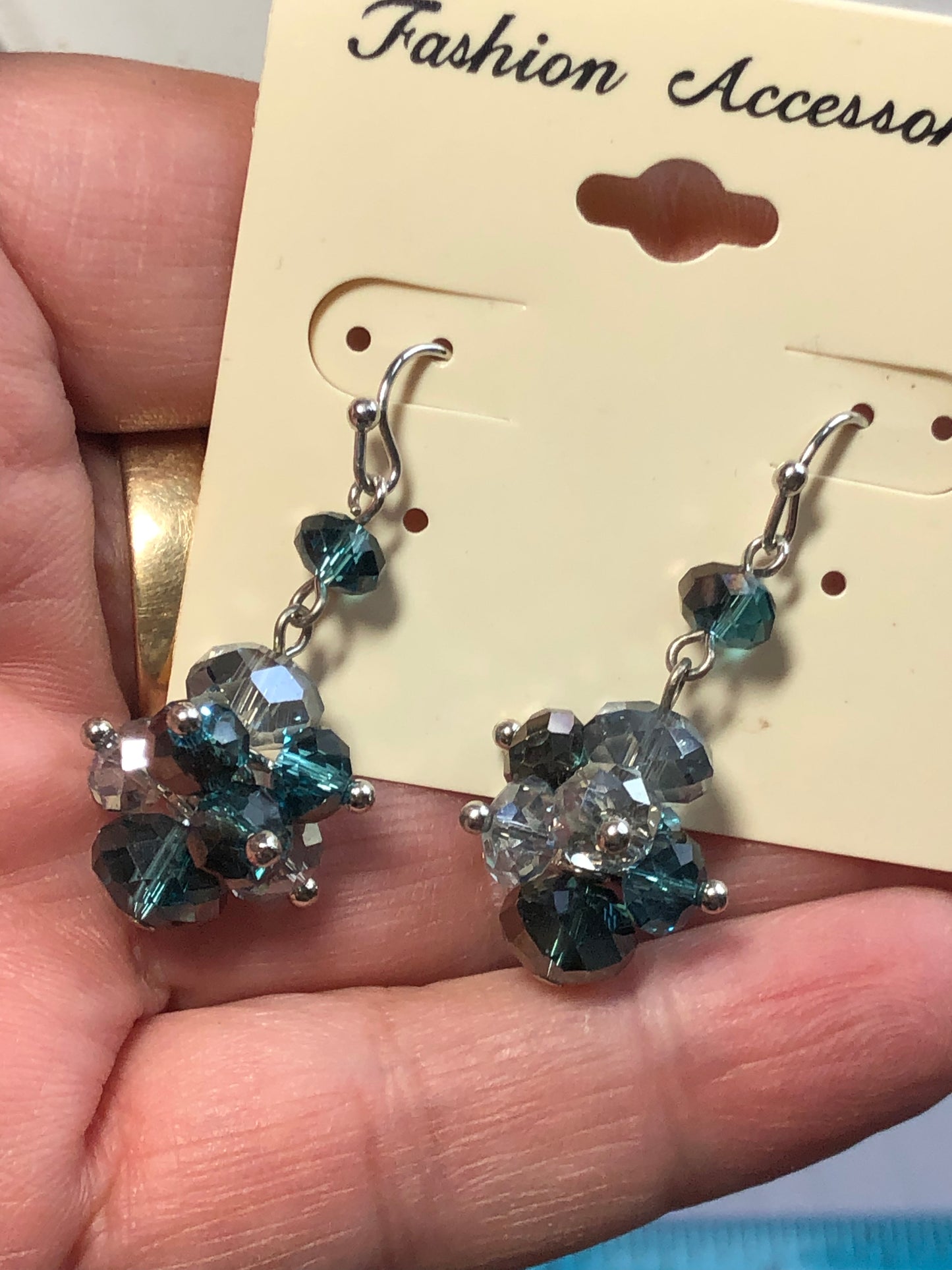 Modern cluster blue faceted Crystal dangling earrings silver tone