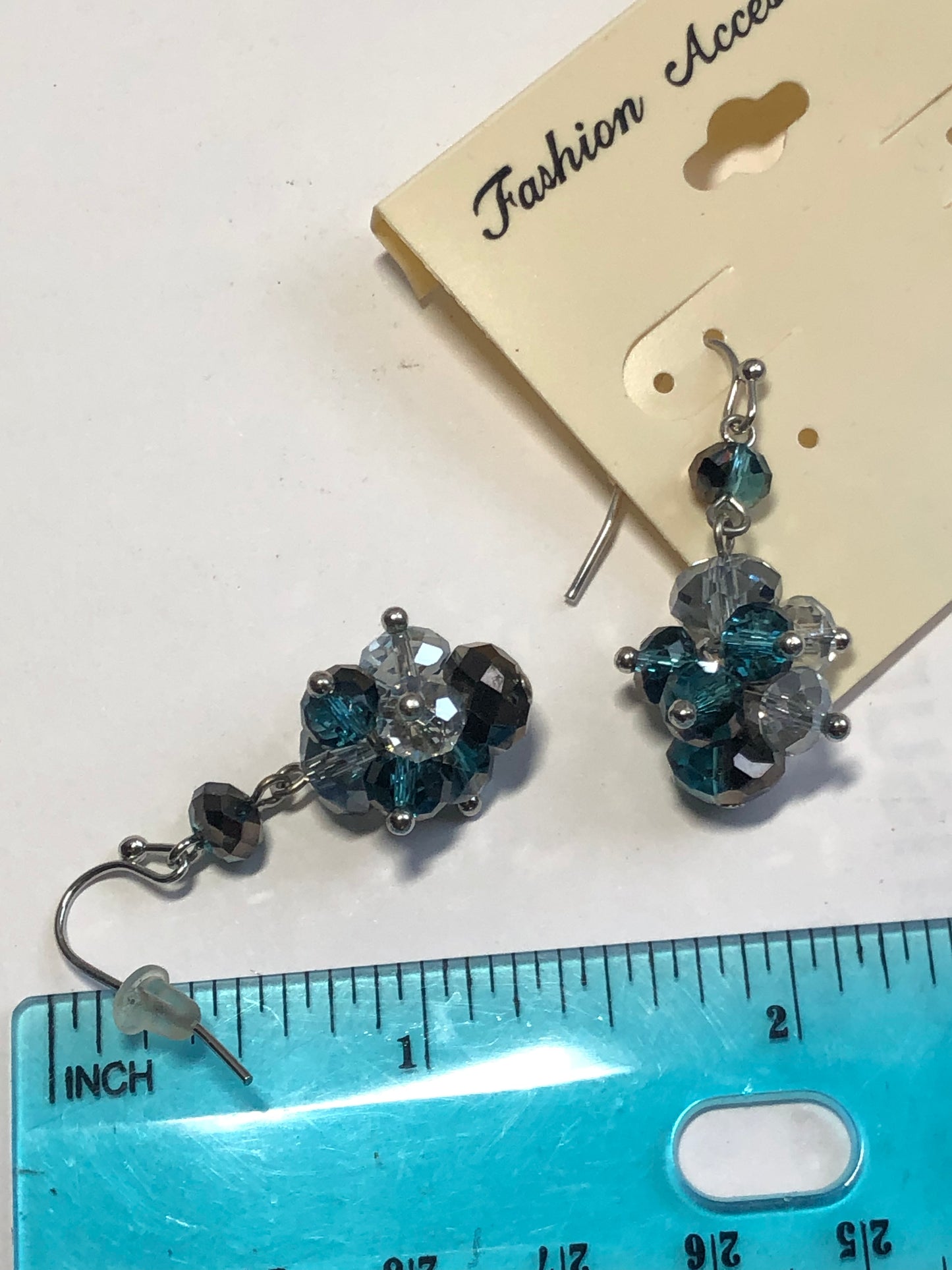 Modern cluster blue faceted Crystal dangling earrings silver tone