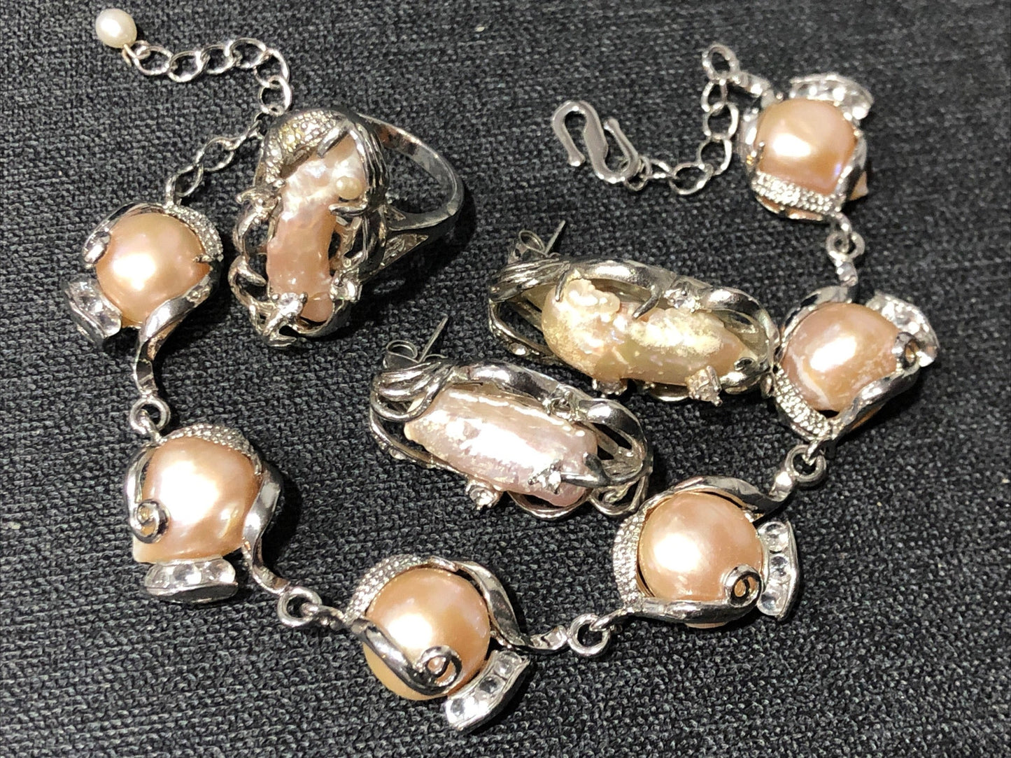 Freshwater baroque pearl bracelet earrings ring set silver tone