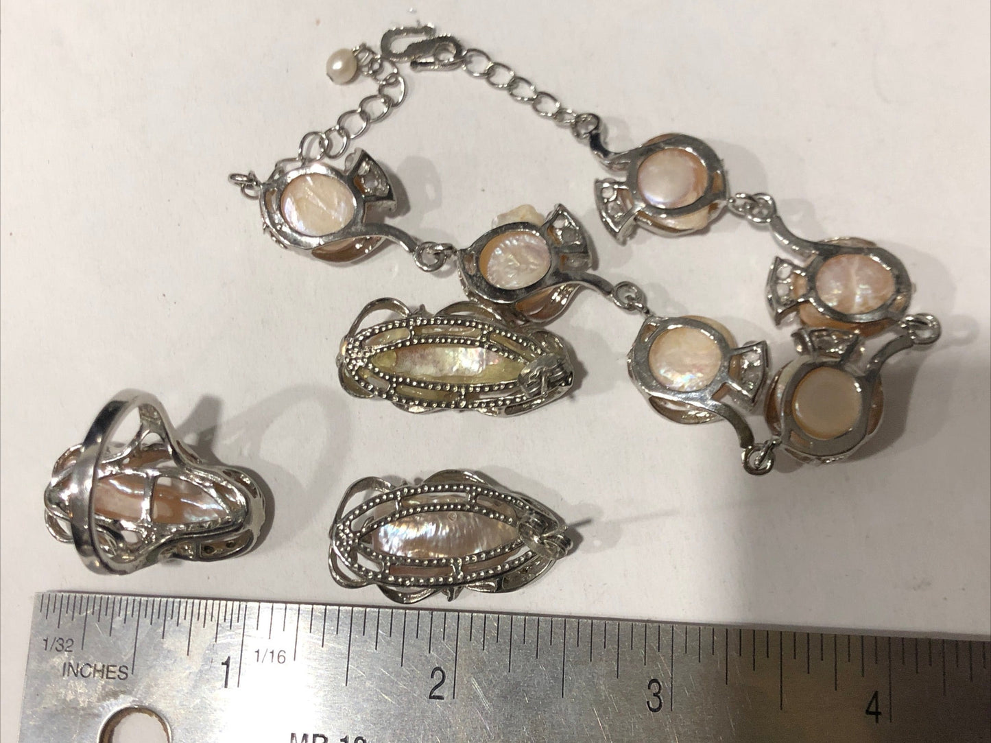 Freshwater baroque pearl bracelet earrings ring set silver tone