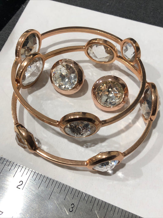 Henri Bendel rose gold bracelet set of 2 + clip earrings clear crystal rhinestone