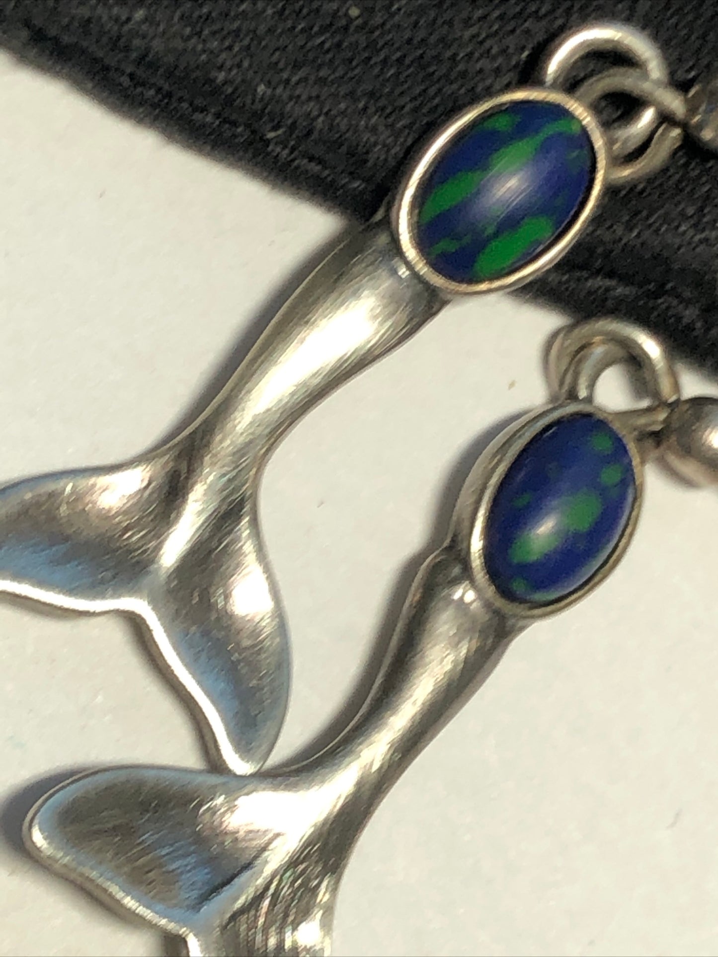Vintage Sterling silver Fish dangle Earrings blue /green gemstone