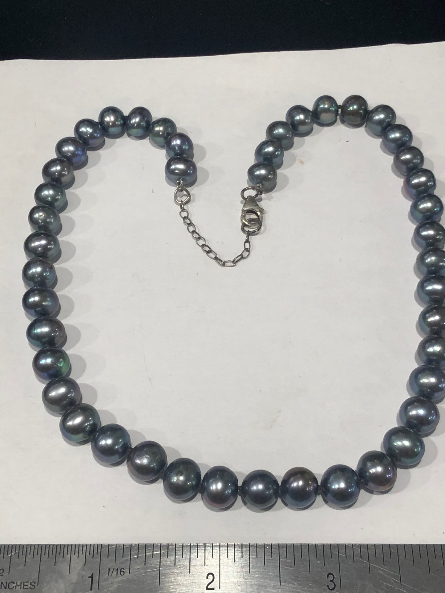 Vintage black freshwater pearl bead necklace, sterling silver clasp