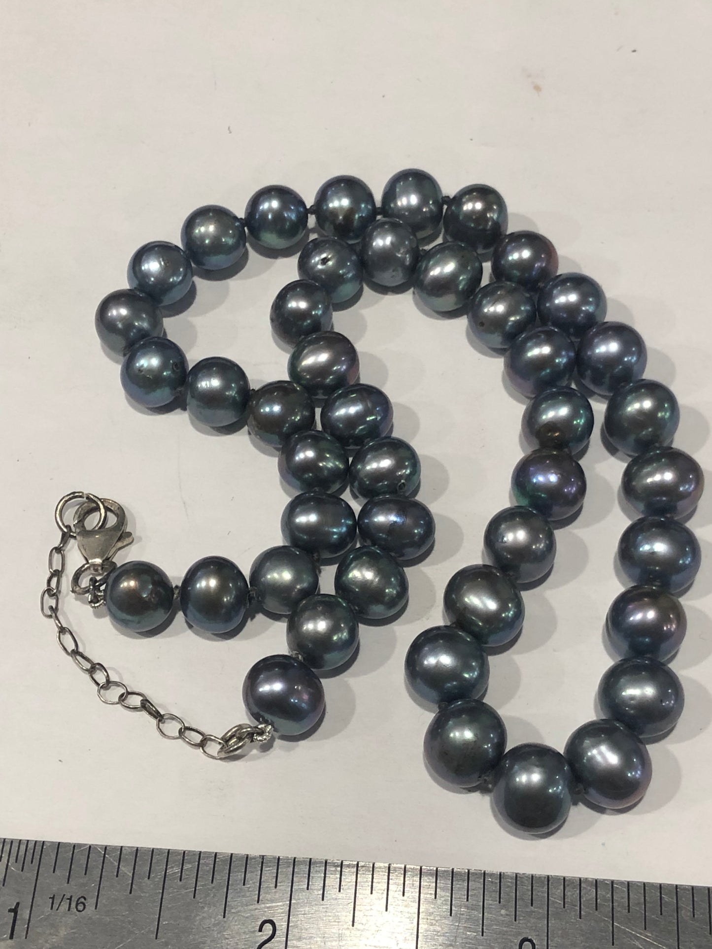 Vintage black freshwater pearl bead necklace, sterling silver clasp