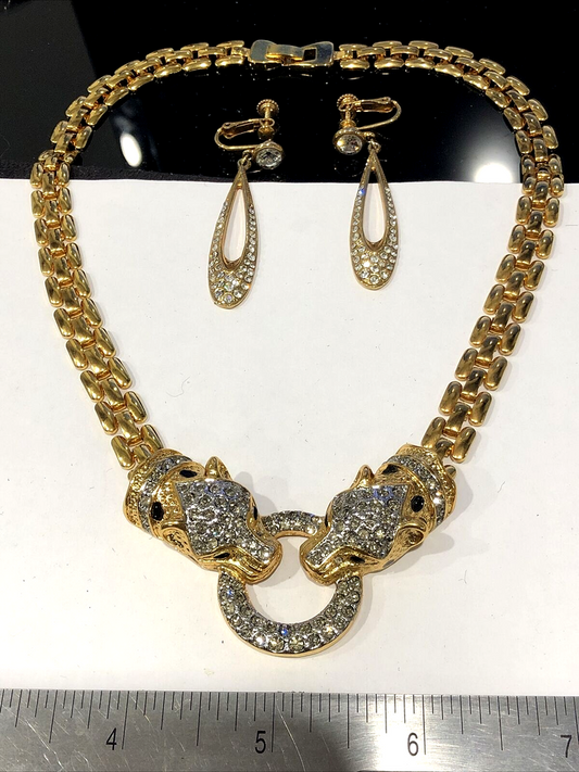 Rare Stella & Dot Panther Jaguar Double head Collar Necklace golden +earr. lot