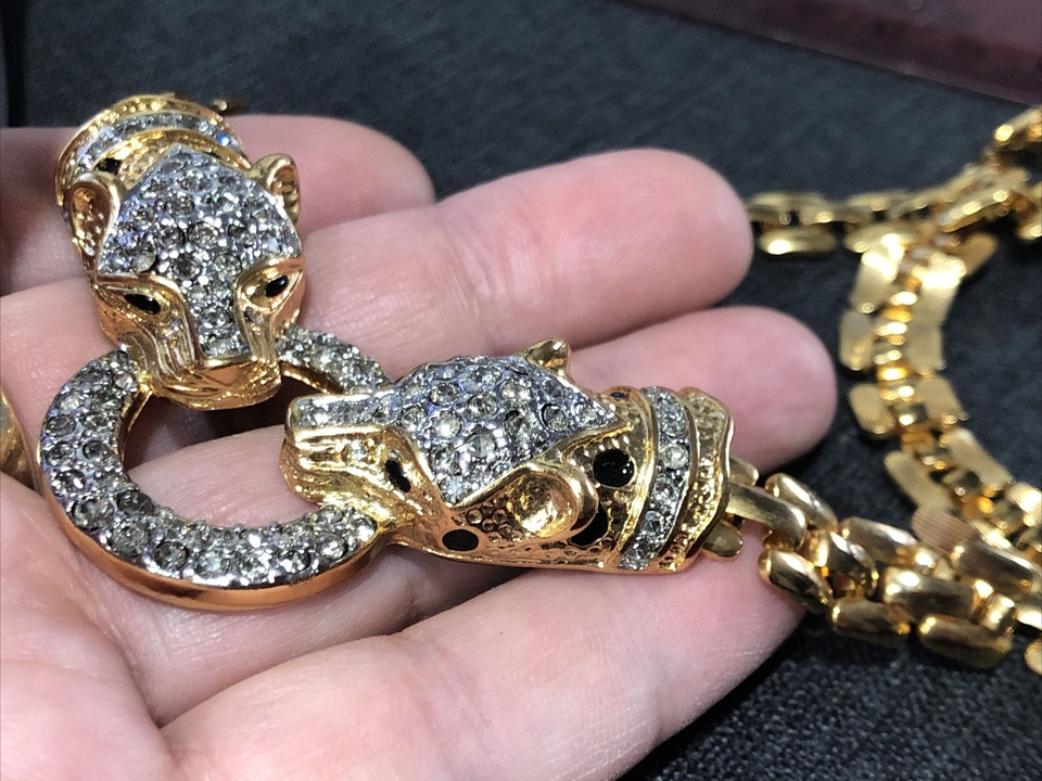 Rare Stella & Dot Panther Jaguar Double head Collar Necklace golden +earr. lot