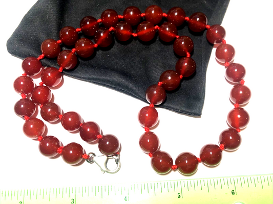 VTG carnelian knotted necklace sterling silver clasp 10mm bead 21”