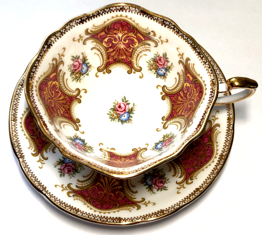 PARAGON burgundy square Teacup Saucer China set Appointment To Her Majesty